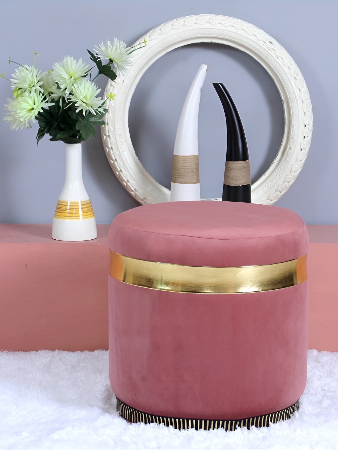 

Shadowkart Textured Wood Round Ottoman, Pink