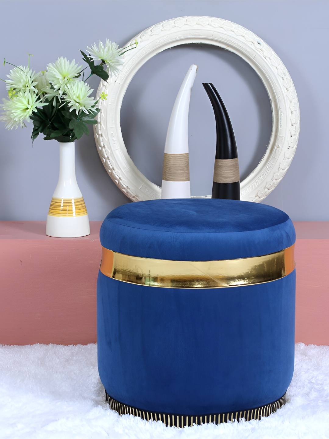 

Shadowkart Blue Tufted Velvet & Velvet Framed Cylindrical Ottoman