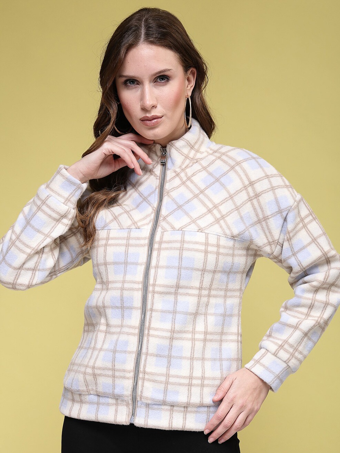 

Juelle Checked Mock Collat Front-Open Sweatshirt, Off white