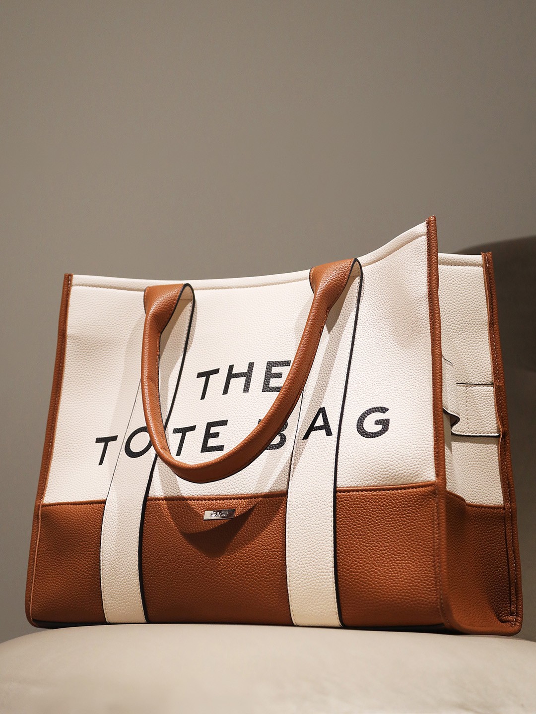 

Kazo Typography Printed Structured Handheld Bag, Beige