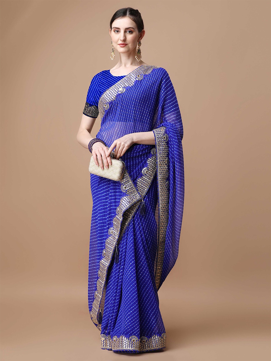 

Mitera Blue Geometric Printed Bandhani Saree