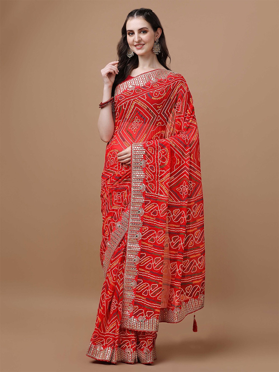 

Mitera Red Bandhani Printed Poly Georgette Bandhani Saree