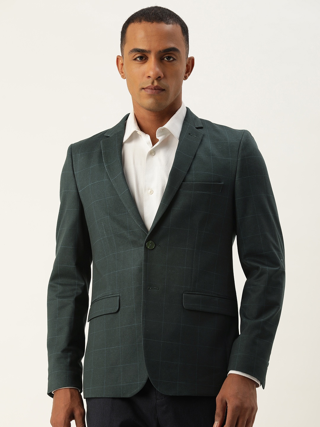 

Peter England Checked Neo Slim-Fit Single-Breasted Formal Blazer, Green