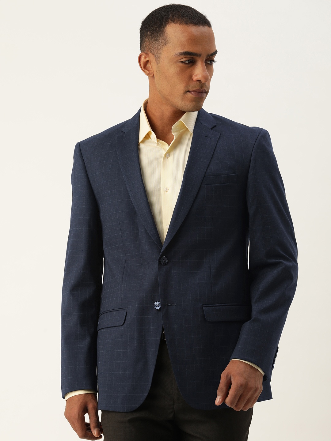 

Peter England Checked Neo Slim-Fit Single-Breasted Formal Blazer, Blue