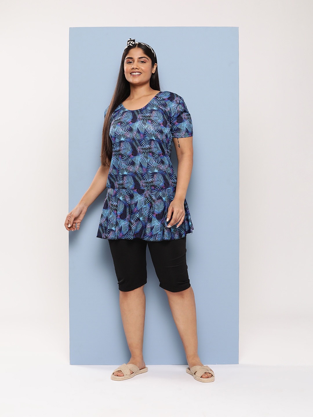 

Aarika Plus Size Floral Print Full Coverage Swim Set, Blue