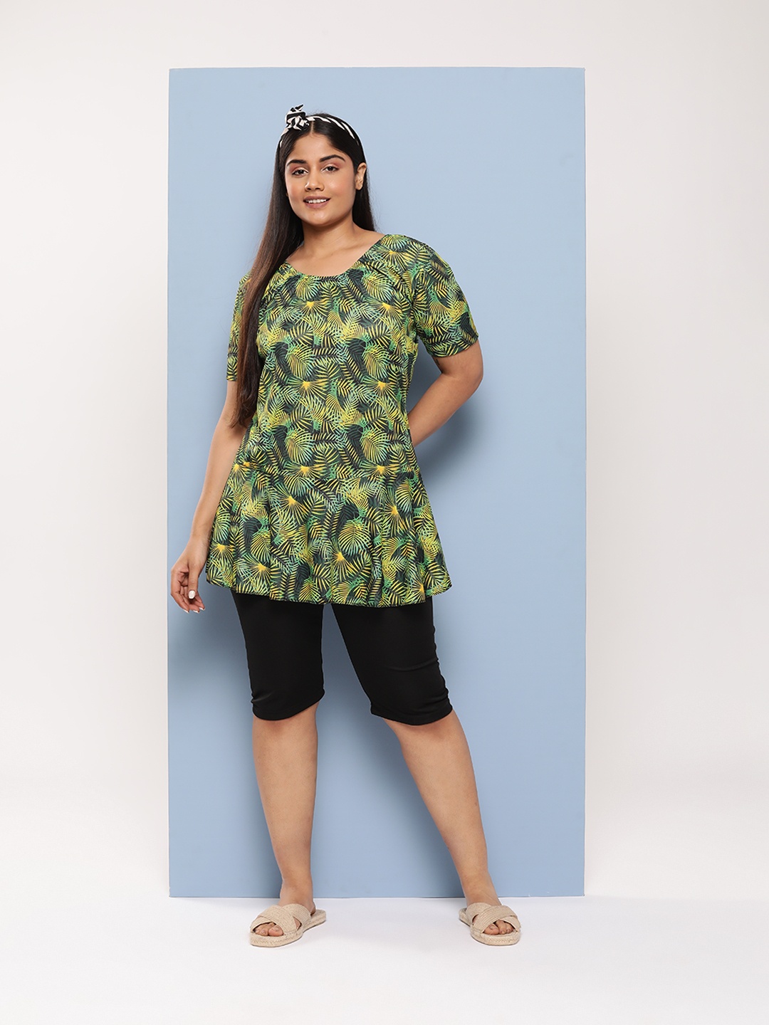 

Aarika Plus Size Floral Print Full Coverage Swim Set, Green