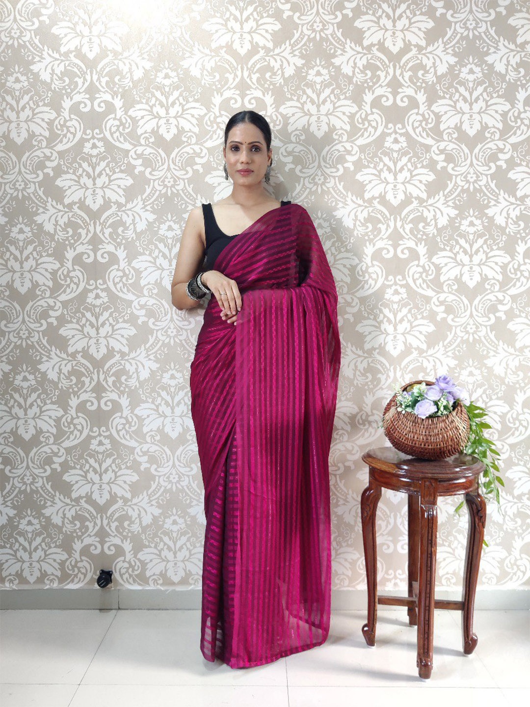 

VEERAX Striped Pure Georgette Ready to Wear Saree, Magenta