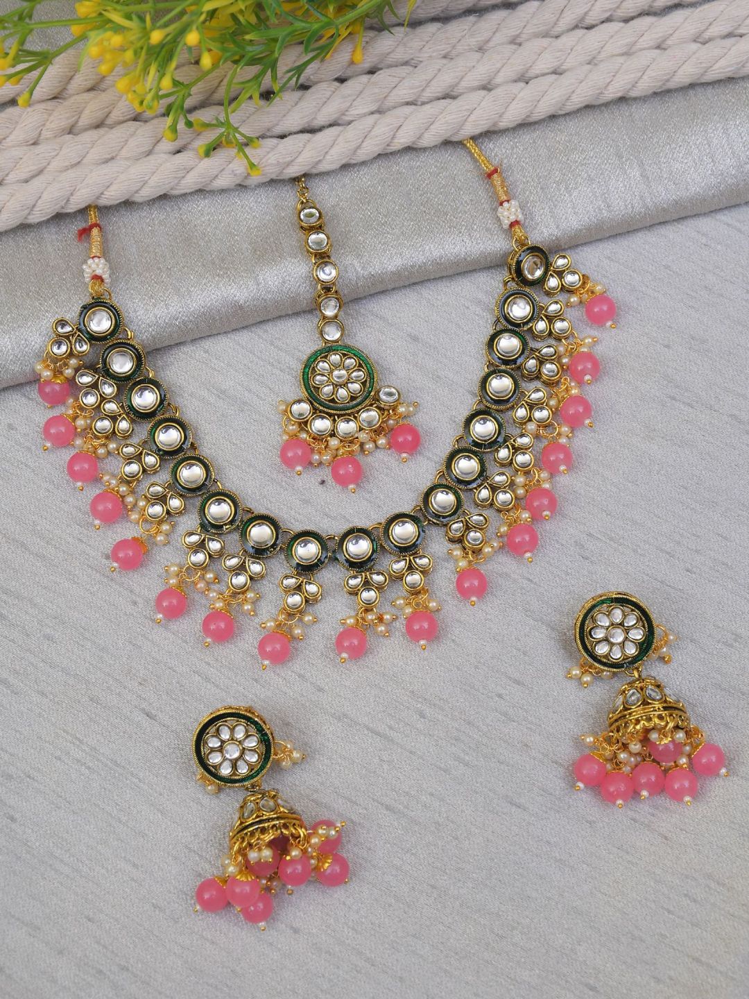 

Crunchy Fashion Gold Plated Kundan Studded Necklace With Earrings & Maang Tika