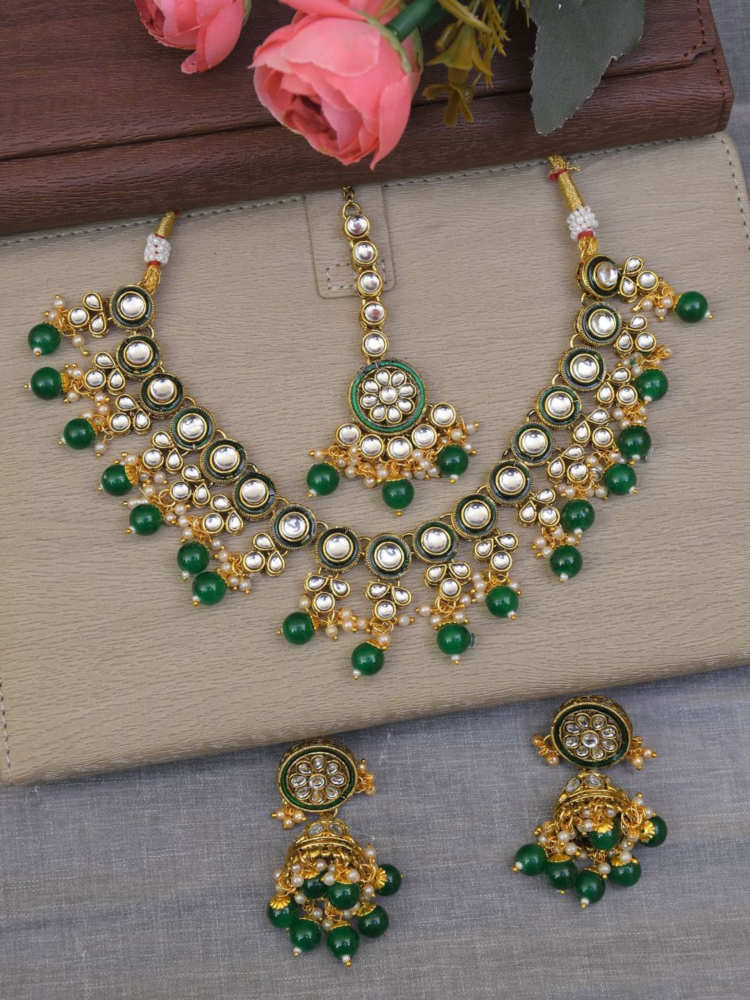 

Crunchy Fashion Gold Plated Kundan Studded Necklace With Earrings & Maang Tika