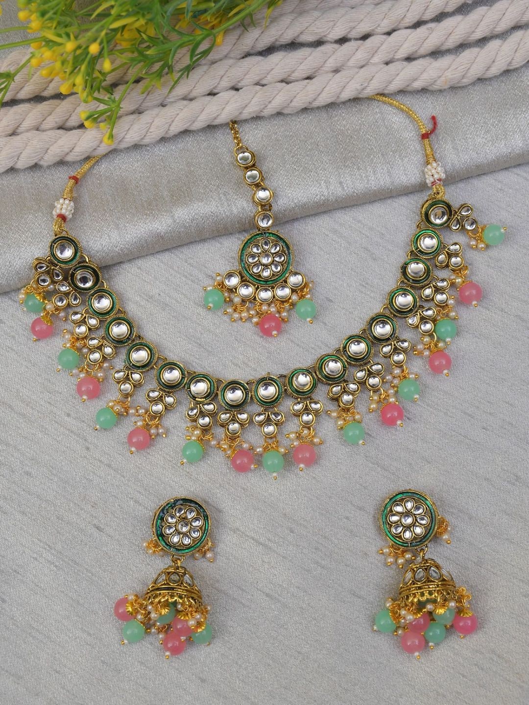 

Crunchy Fashion Gold Plated Kundan Studded Necklace With Earrings & Maang Tika