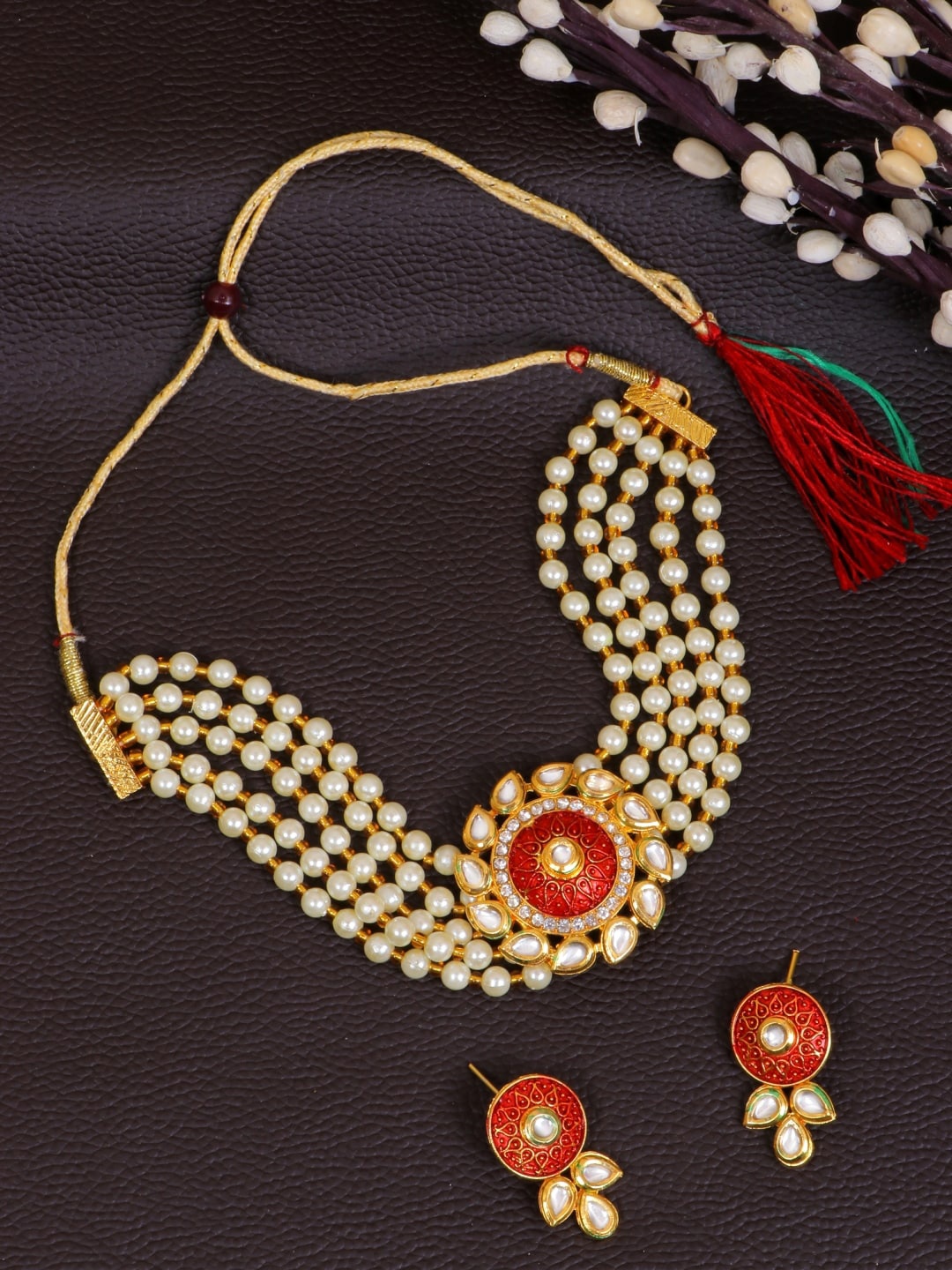 

Crunchy Fashion Gold-Plated Stone Studded & Beads Beaded Necklace With Earrings
