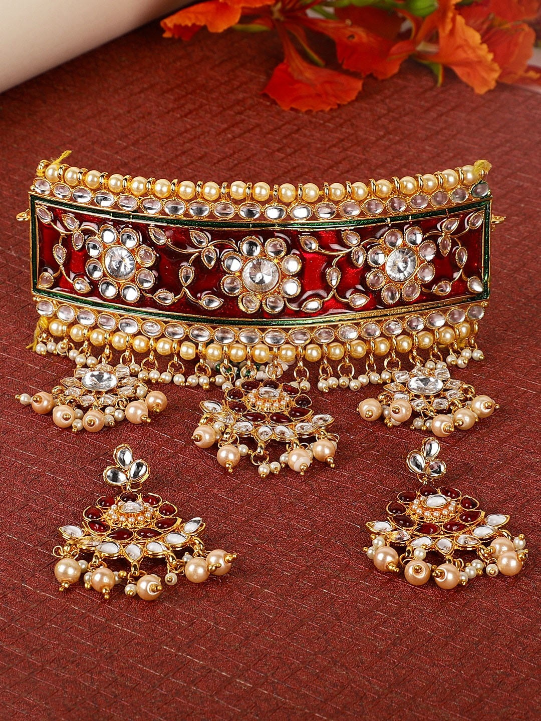 

Crunchy Fashion Gold Plated Stones Studded Pearls Beaded Choker Necklace With Earrings