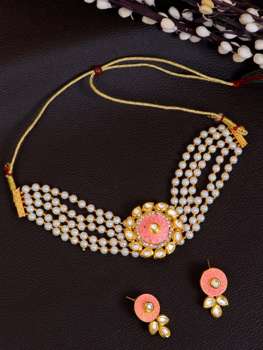 

Crunchy Fashion Gold-Plated Stone-Studded & Beaded Necklace and Earrings