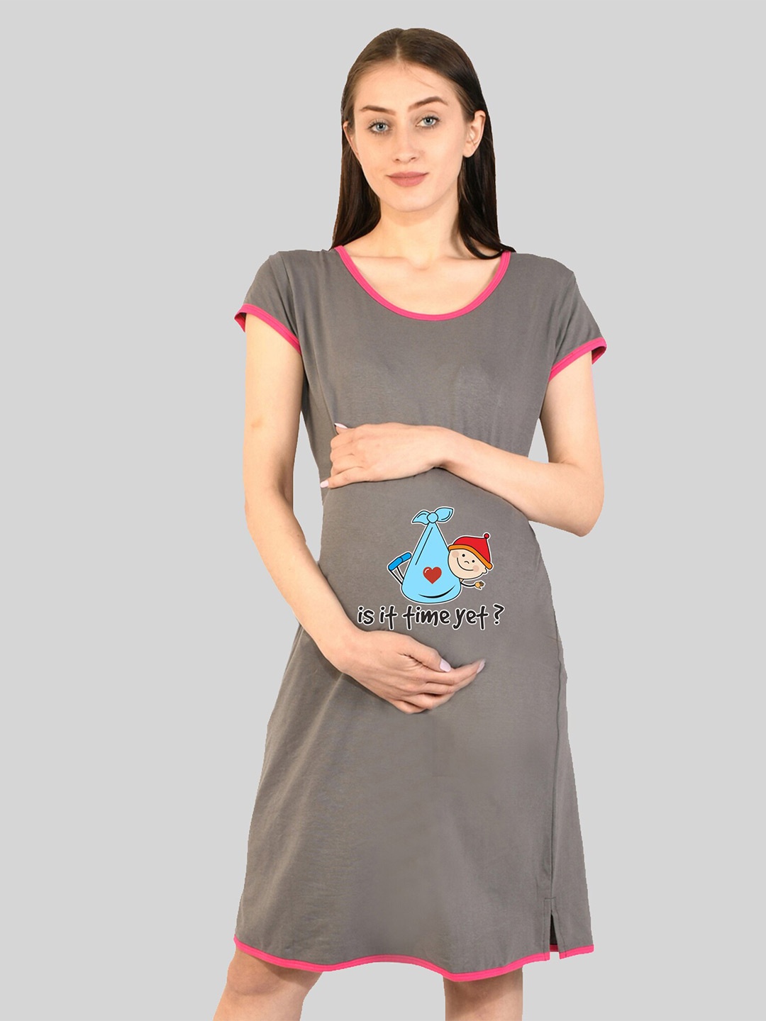 SillyBoom Graphic Printed Night Dress, Grey