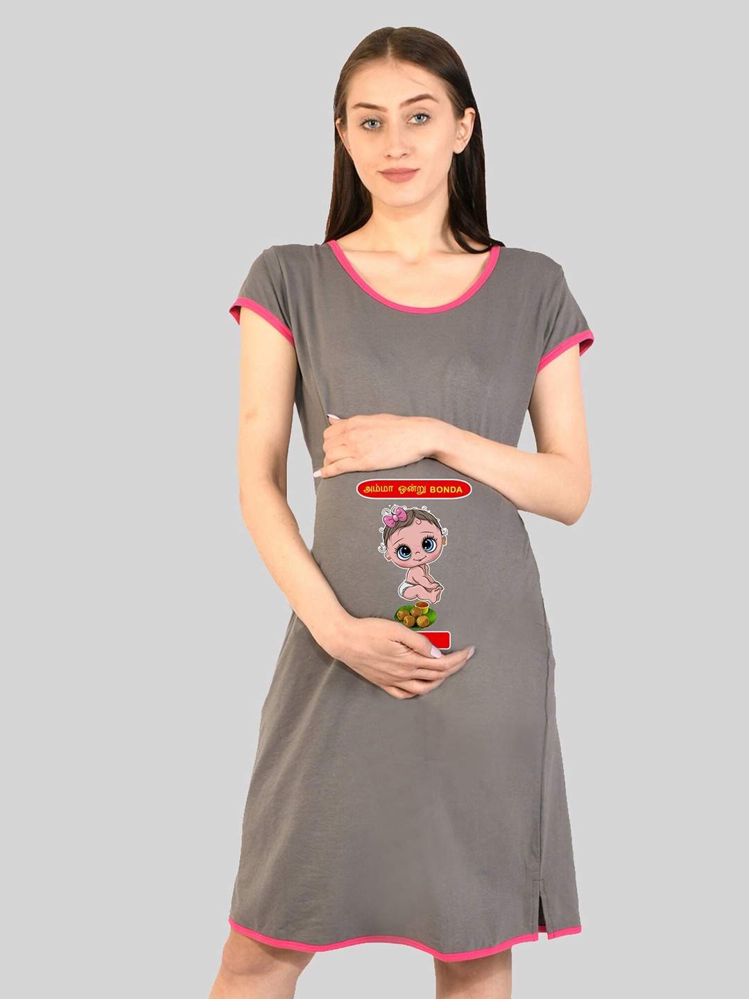 

SillyBoom Graphic Printed Maternity Feeding T-shirt Nightdress, Grey