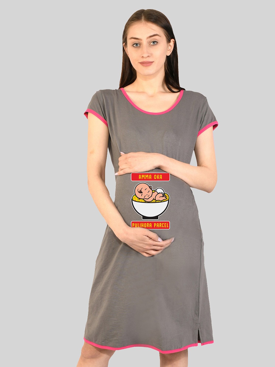 

SillyBoom Graphic Printed Maternity T-shirt Nightdress, Grey