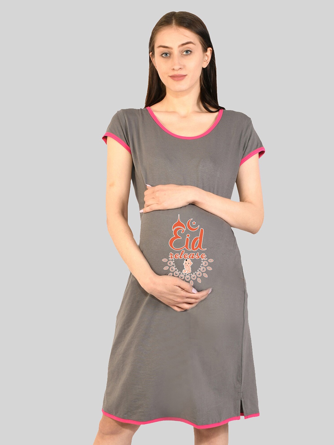 

SillyBoom Typography Printed Round-Neck Maternity T-shirt Dress, Grey