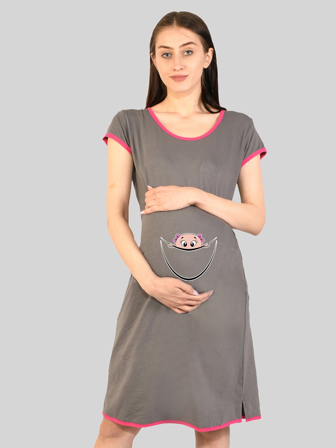 

SillyBoom Graphic Printed Maternity T-shirt Nightdress, Grey
