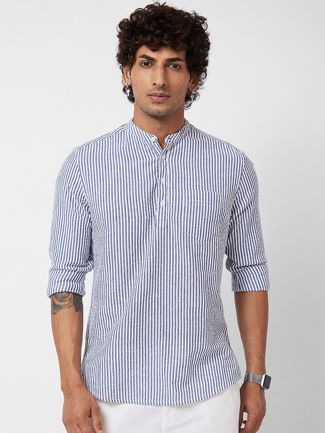 

VASTRADO Striped Band Collar Pure Cotton Kurta, Grey