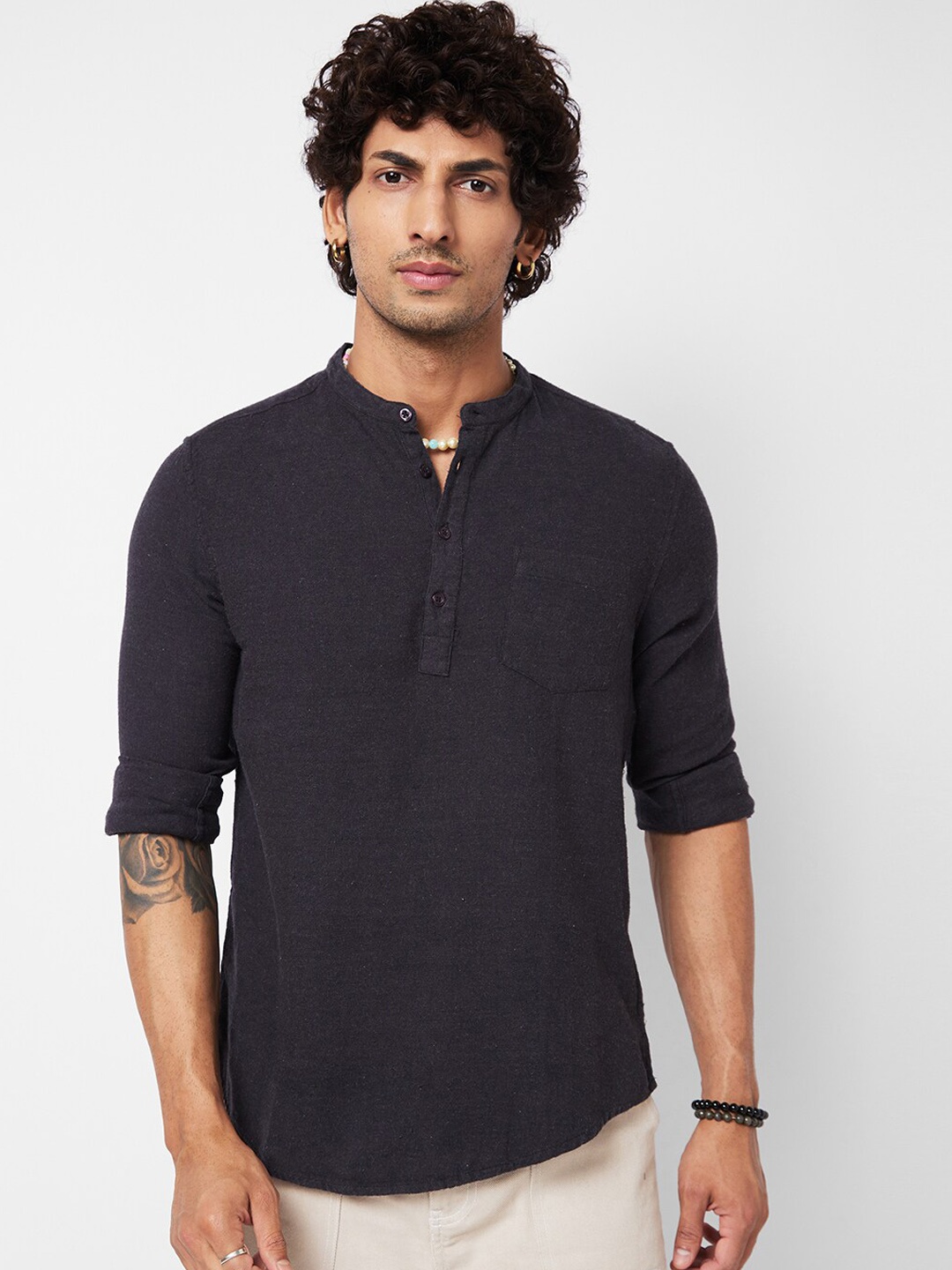 

VASTRADO Band Collar Cotton Straight Kurta, Charcoal