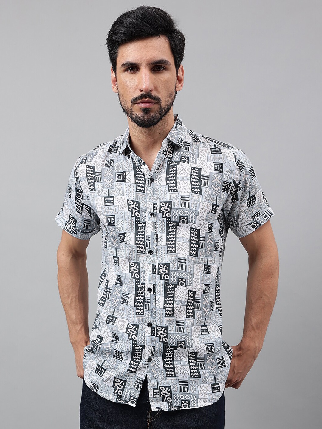 

Voroxy New Tribal Printed Spread Collar Short Sleeves Casual Shirt, Grey