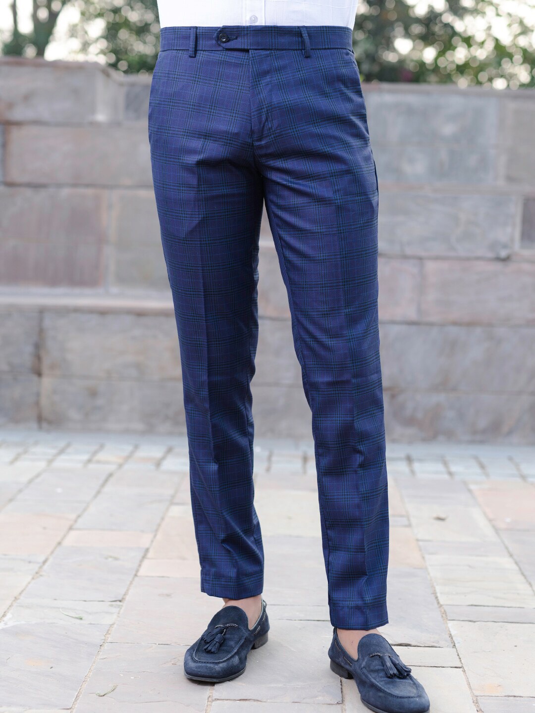 

Tistabene Men Checked Mid-Rise Comfort Fit Formal Trouser, Navy blue