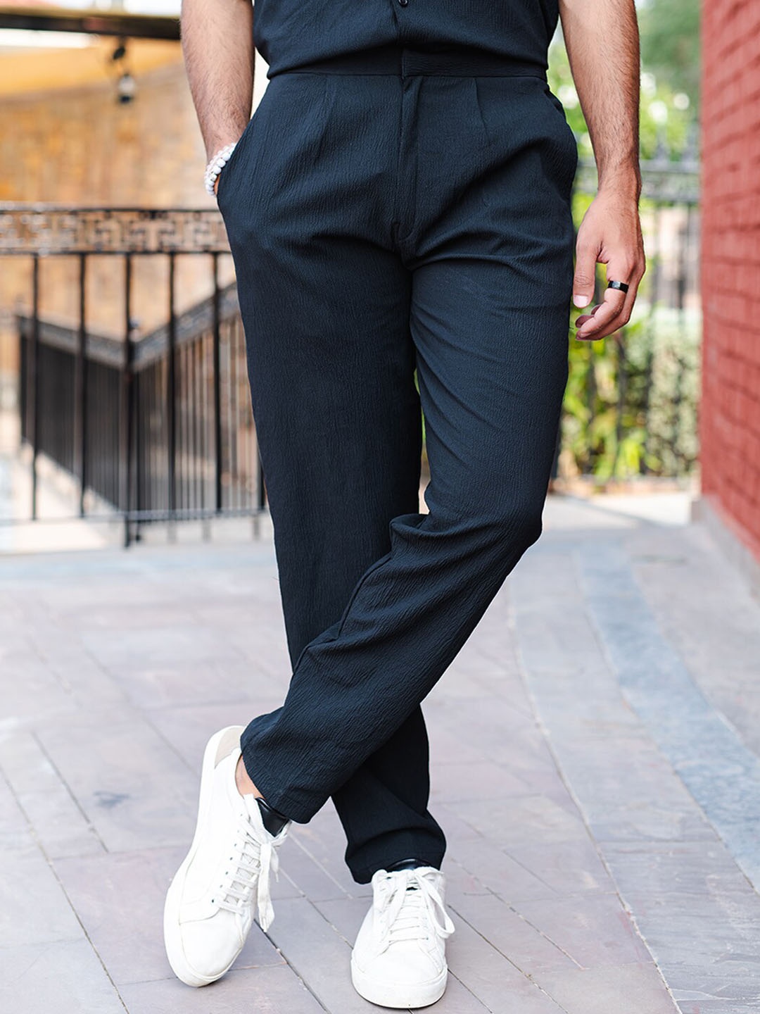 

Tistabene Men Smart Textured Mid Rise Cotton Trousers, Black