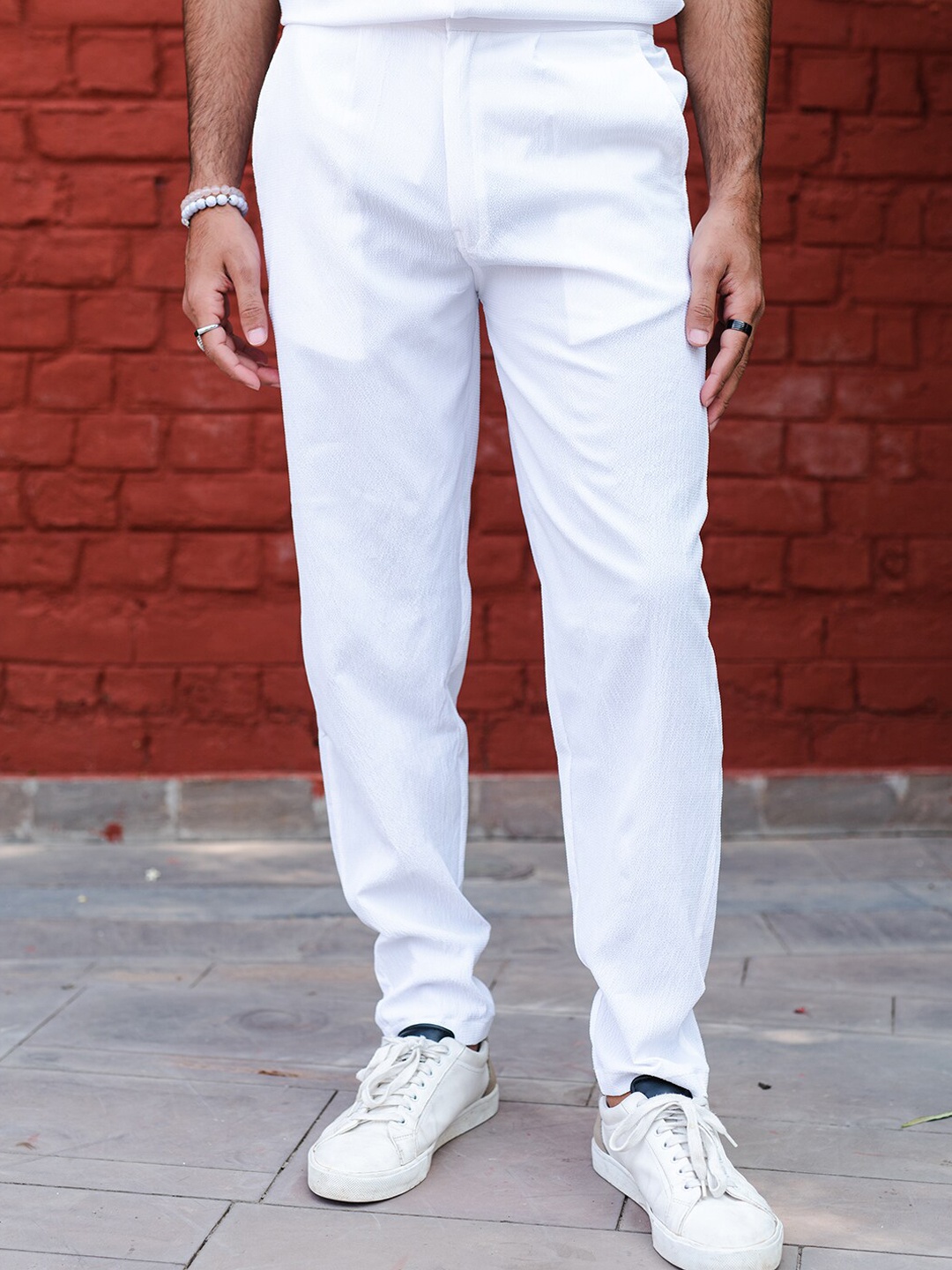 

Tistabene Men Smart Textured Mid Rise Cotton Trousers, White