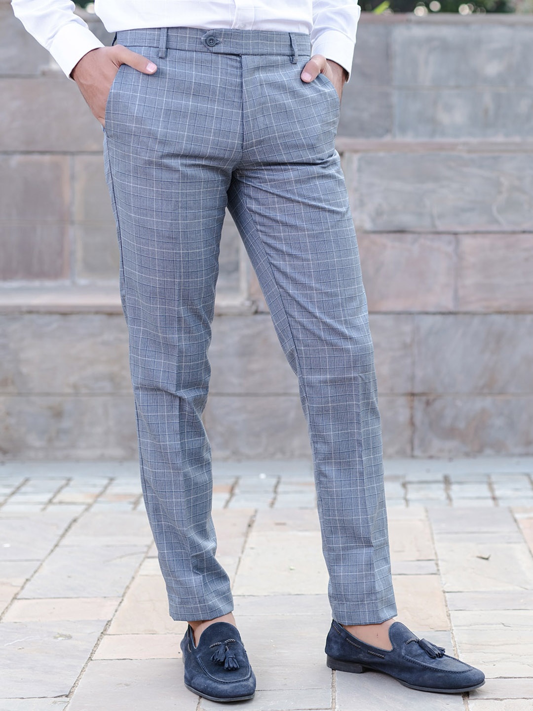 

Tistabene Men Checked Mid-Rise Comfort Fit Formal Trouser, Blue