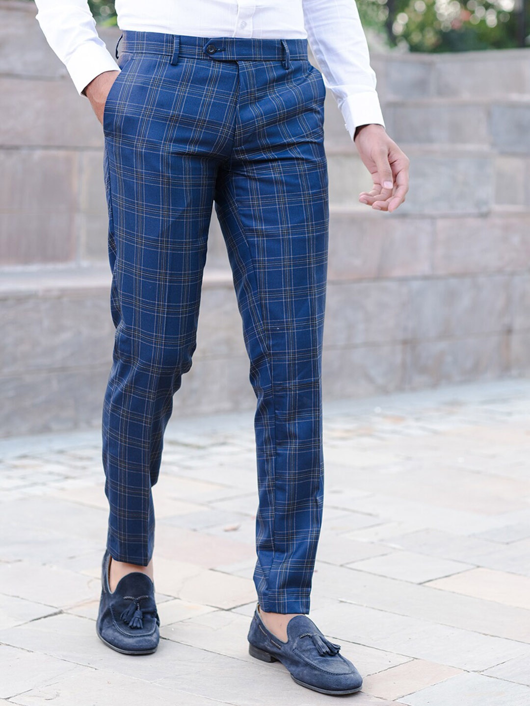 

Tistabene Men Checked Mid-Rise Comfort Fit Formal Trouser, Navy blue