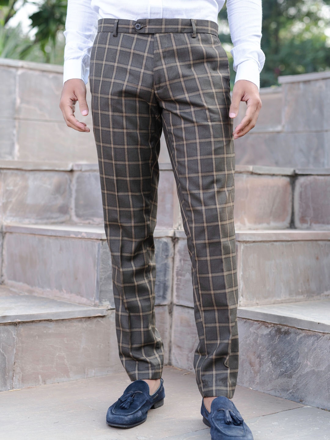 

Tistabene Men Checked Mid-Rise Comfort Fit Formal Trouser, Green