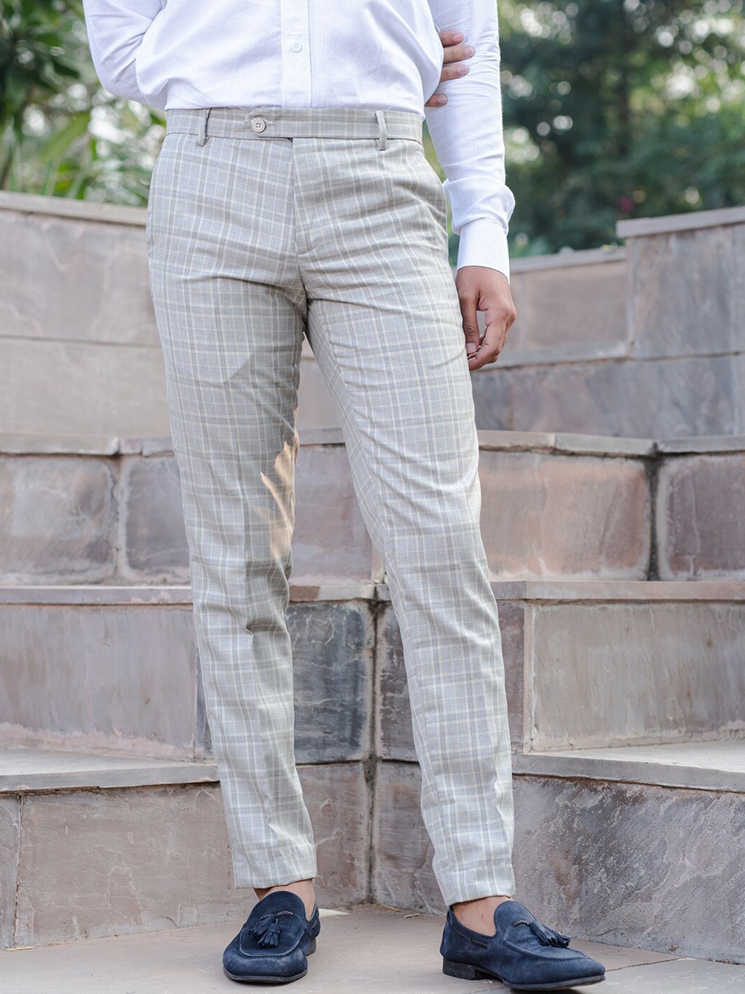 

Tistabene Men Checked Smart Cotton Trousers, Beige