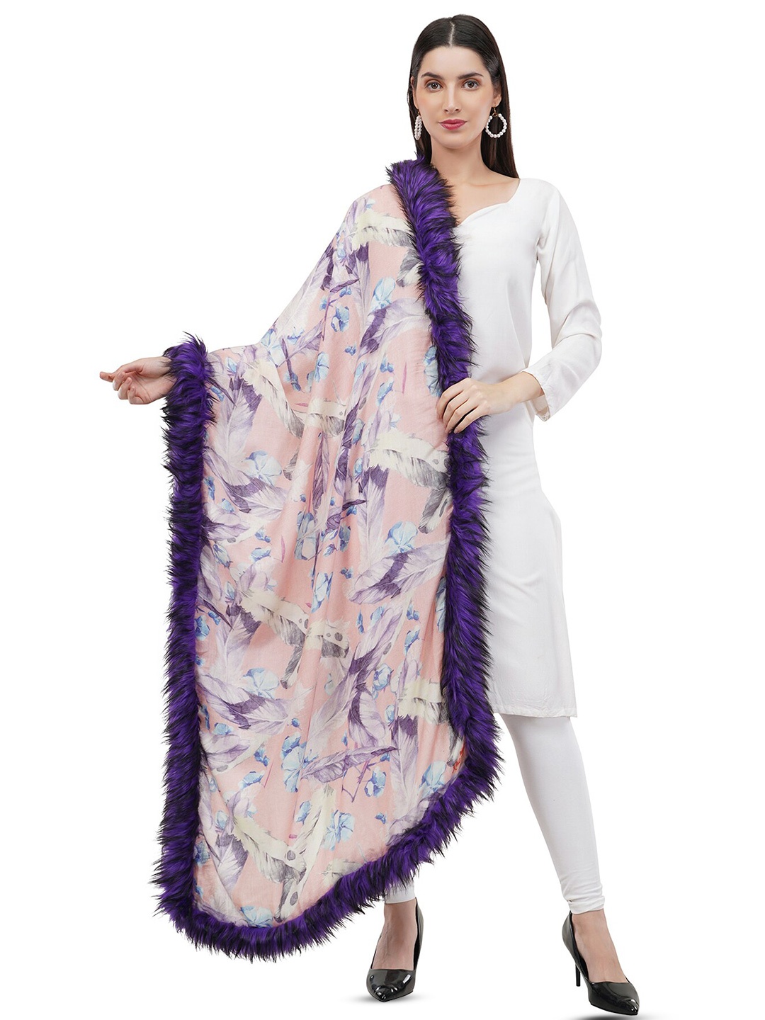 Rhe-Ana Women Faux Fur Floral Printed Stole, Purple
