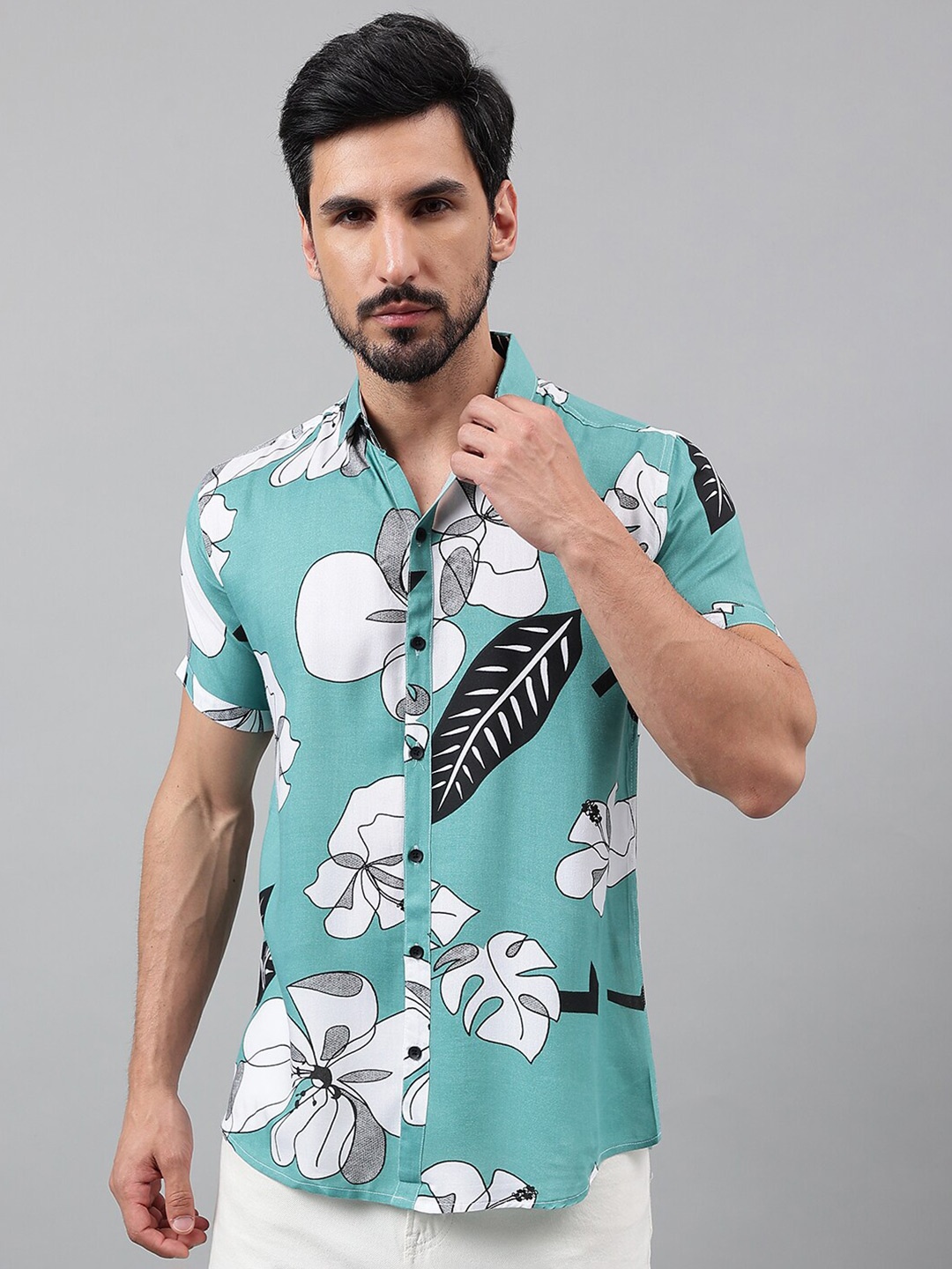 Voroxy New Fit Floral Printed Casual Shirt, Green