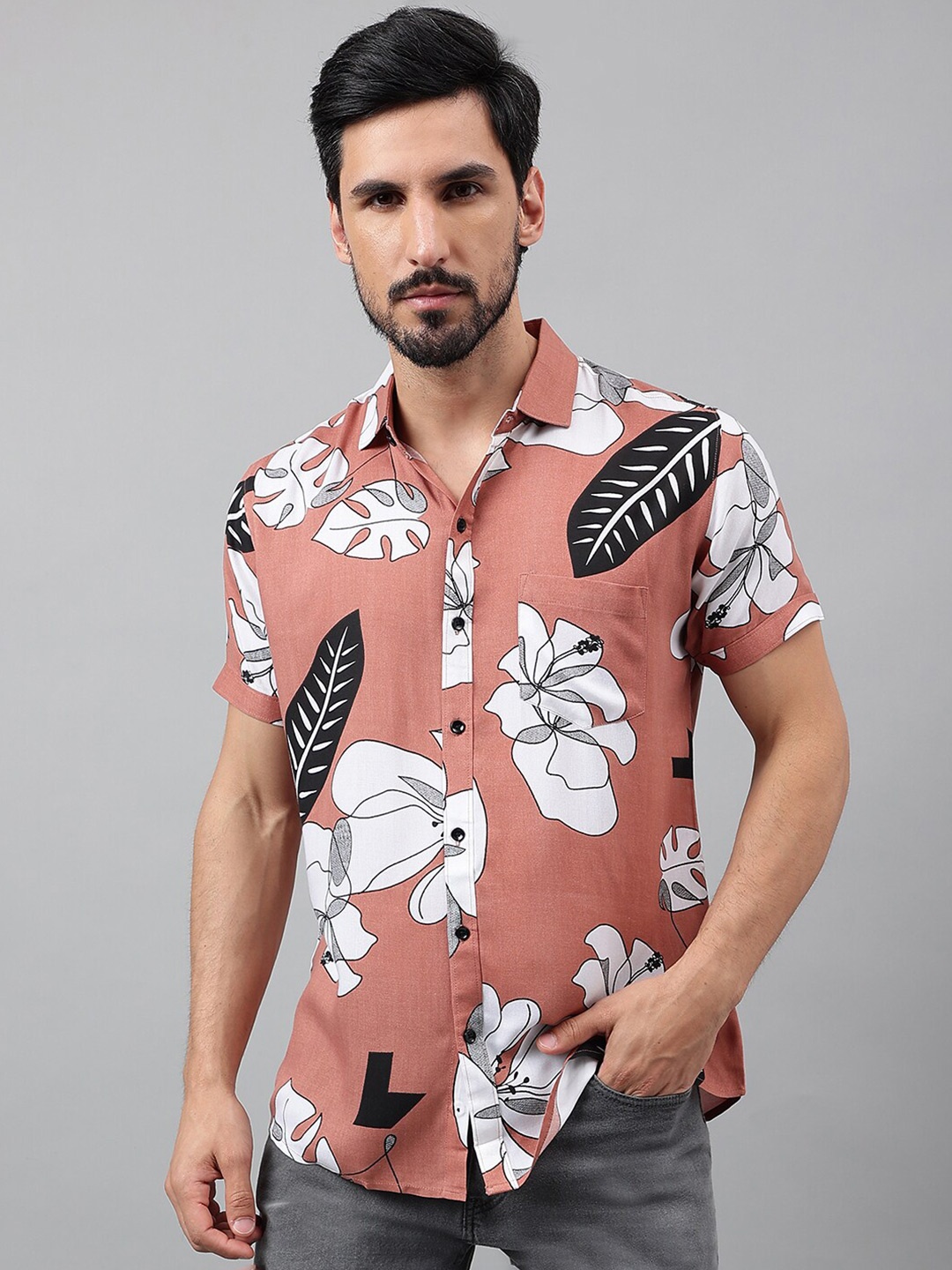 

Voroxy New Fit Floral Printed Casual Shirt, Brown