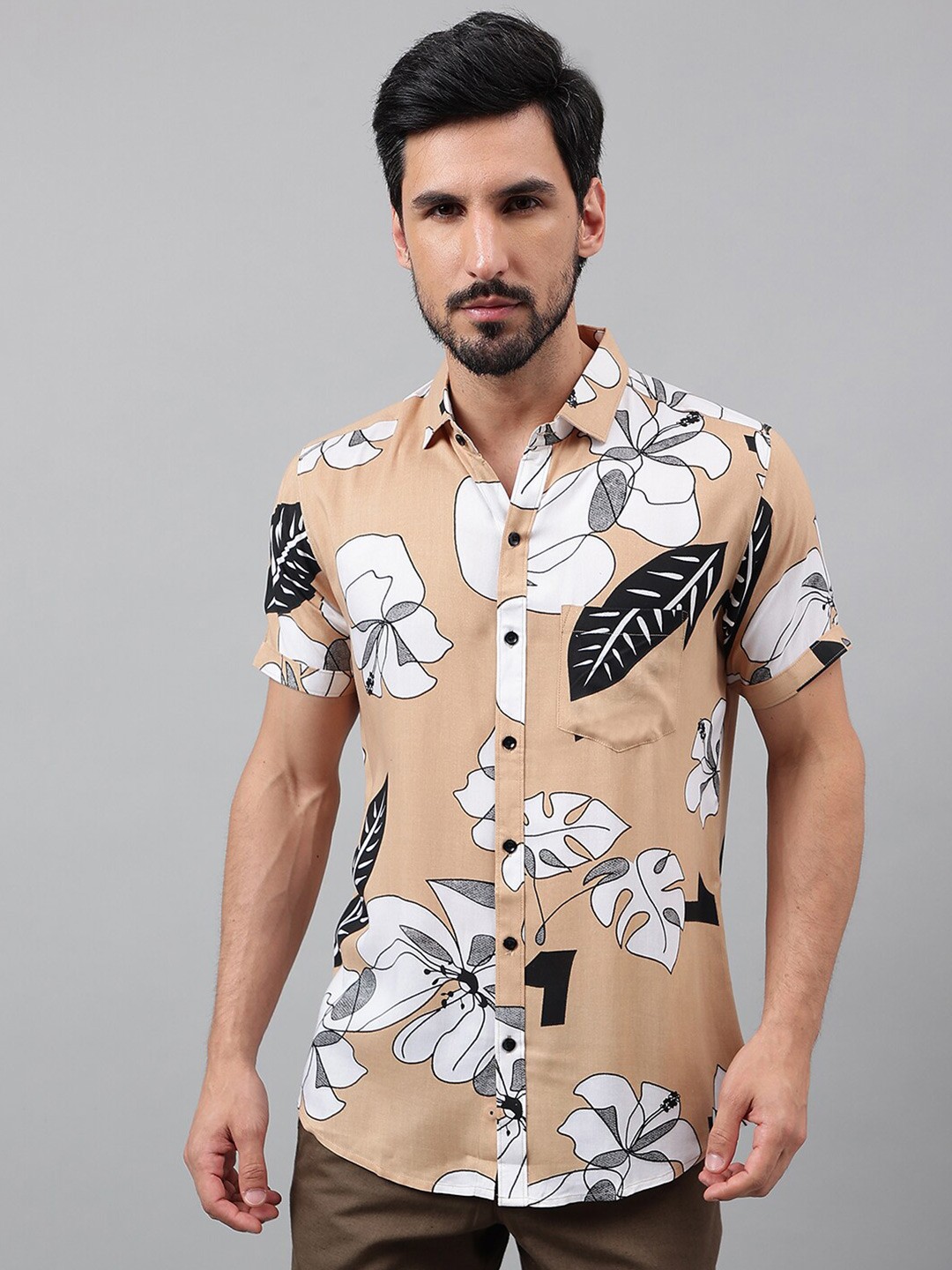 

Voroxy Floral Printed New Spread Collar Casual Shirt, Khaki