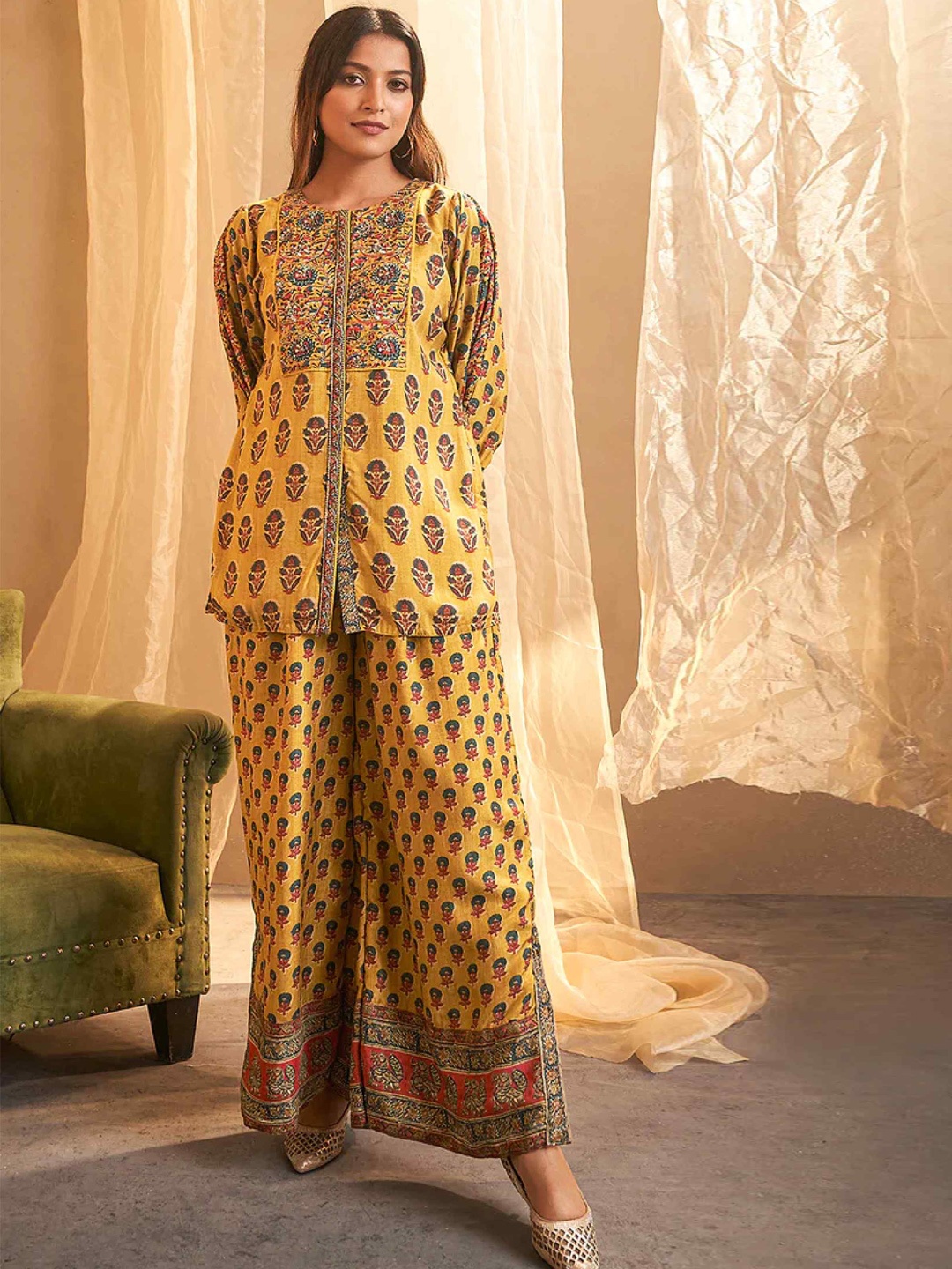

KAJREE Floral Printed Sequinned Silk Crepe Kurta With Palazzos, Mustard
