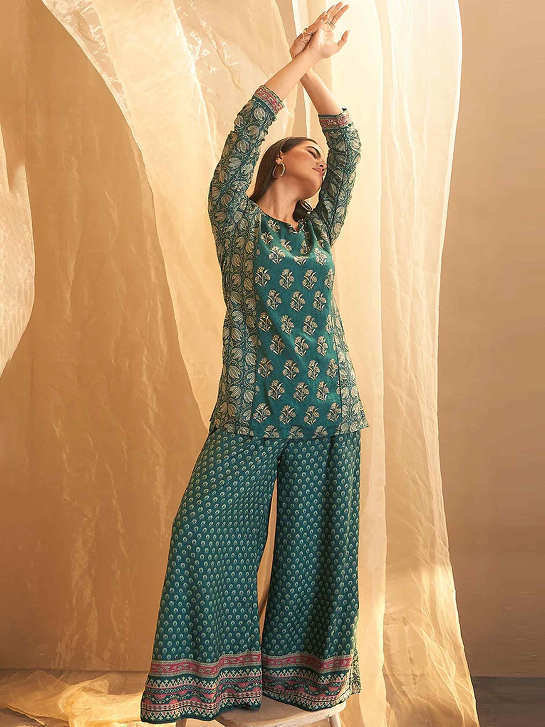 KAJREE Floral Printed Sequinned Silk Crepe Kurta With Palazzos, Green