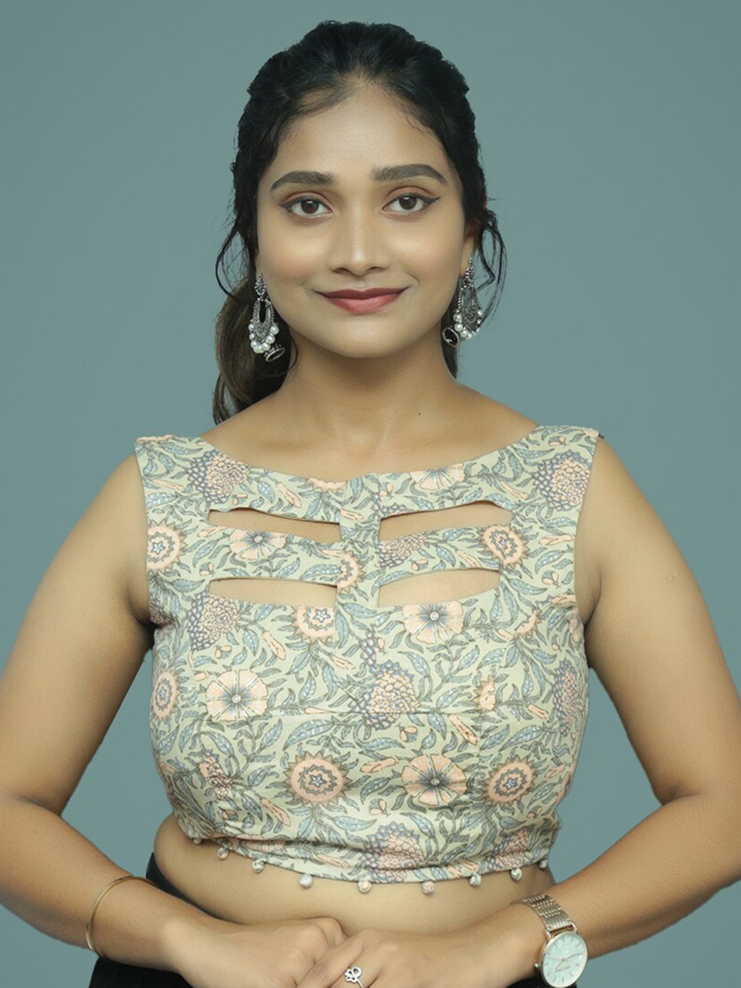 

PUSHKARA Floral Printed Pure Cotton Saree Blouse, Beige