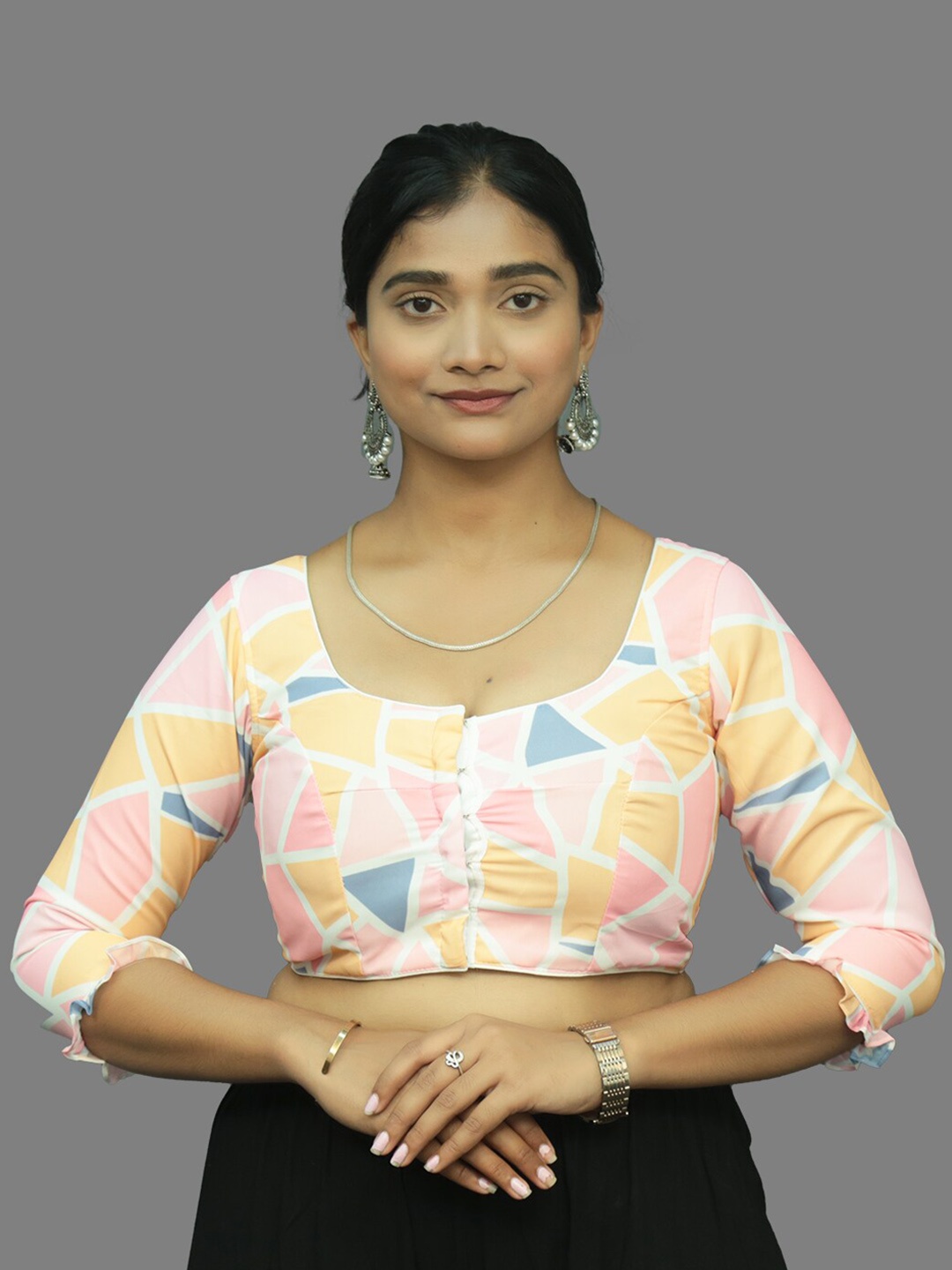 

PUSHKARA Geometric Printed Pure Cotton Saree Blouse, White