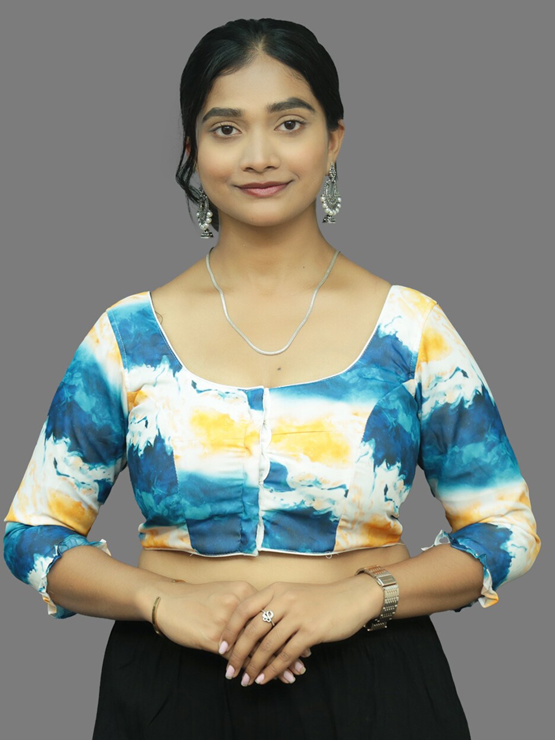 

PUSHKARA Printed Square Neck Pure Cotton Saree Blouse, Blue