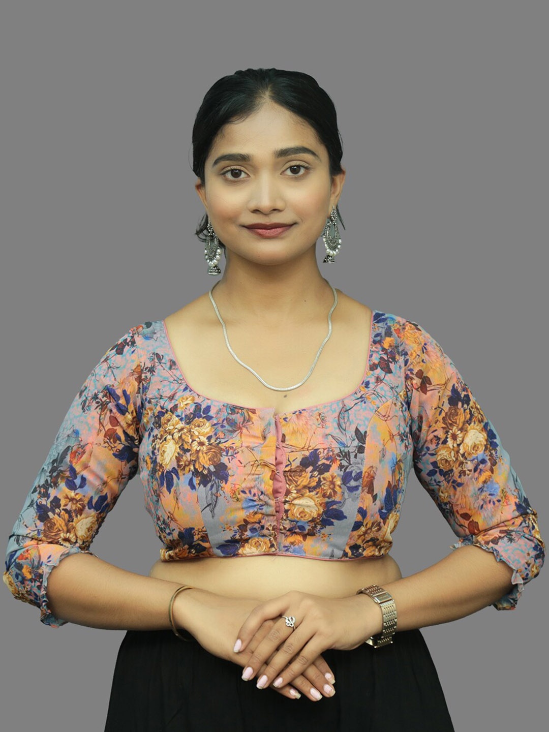 

PUSHKARA Floral Printed Cotton Saree Blouse, Orange
