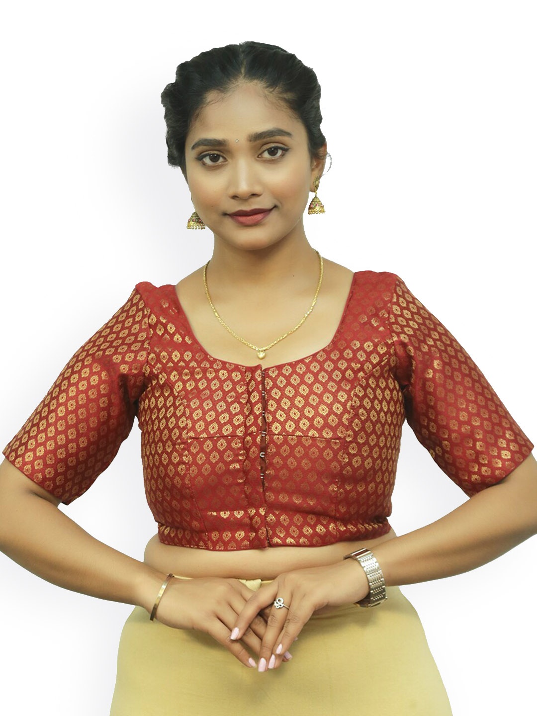

PUSHKARA Ethnic Motifs Woven Design Pure Cotton Saree Blouse, Maroon