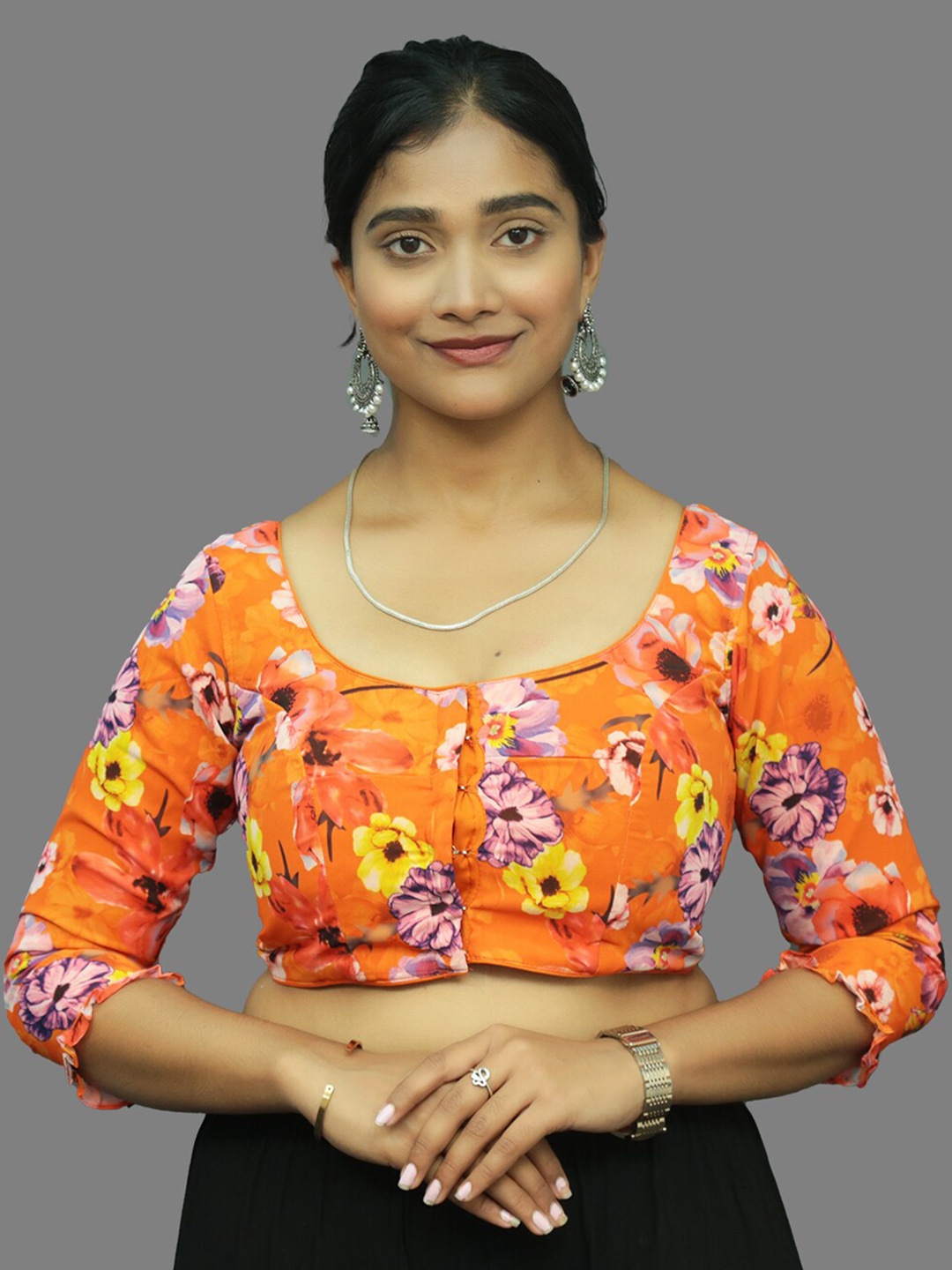 

PUSHKARA Floral Printed Pure Cotton Saree Blouse, Orange