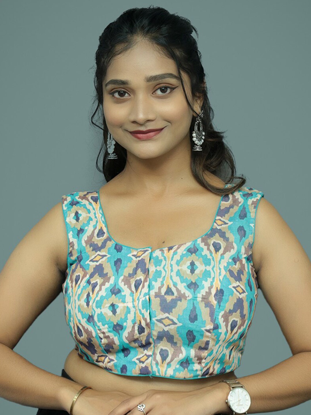 

PUSHKARA Ethnic Motifs Printed Pure Cotton Saree Blouse, Green
