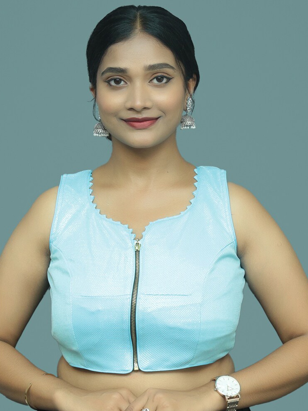 

PUSHKARA Woven Design Sleeveless Pure Cotton Saree Blouse, Blue
