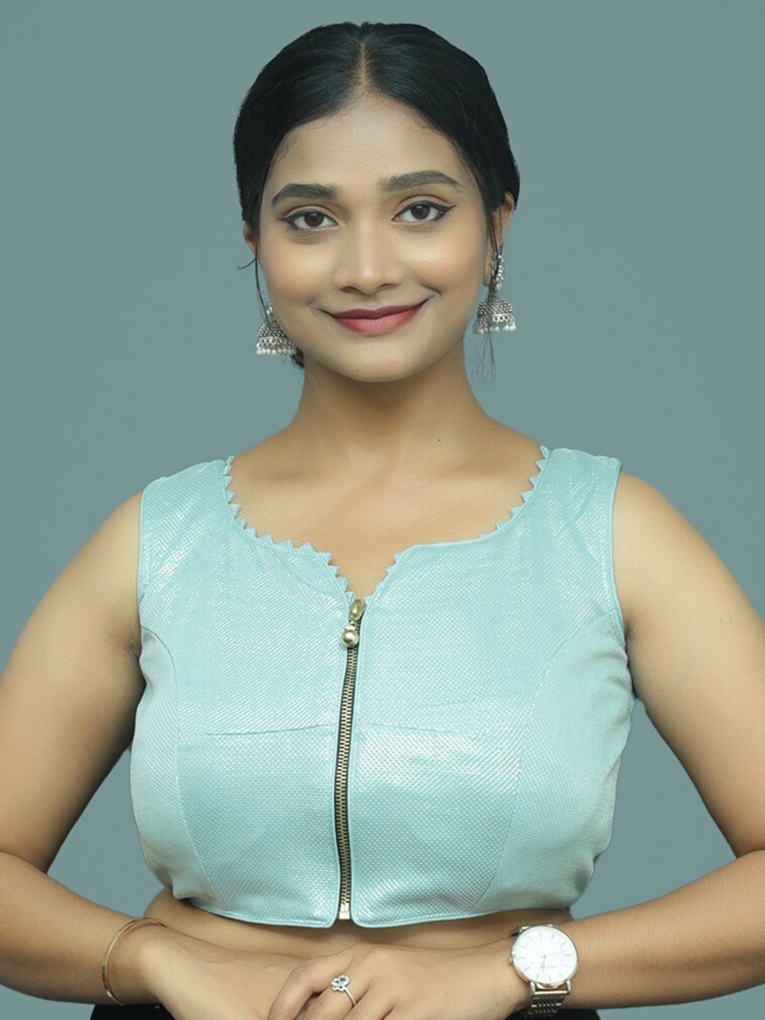 

PUSHKARA Self Design Pure Cotton Saree Blouse, Sea green
