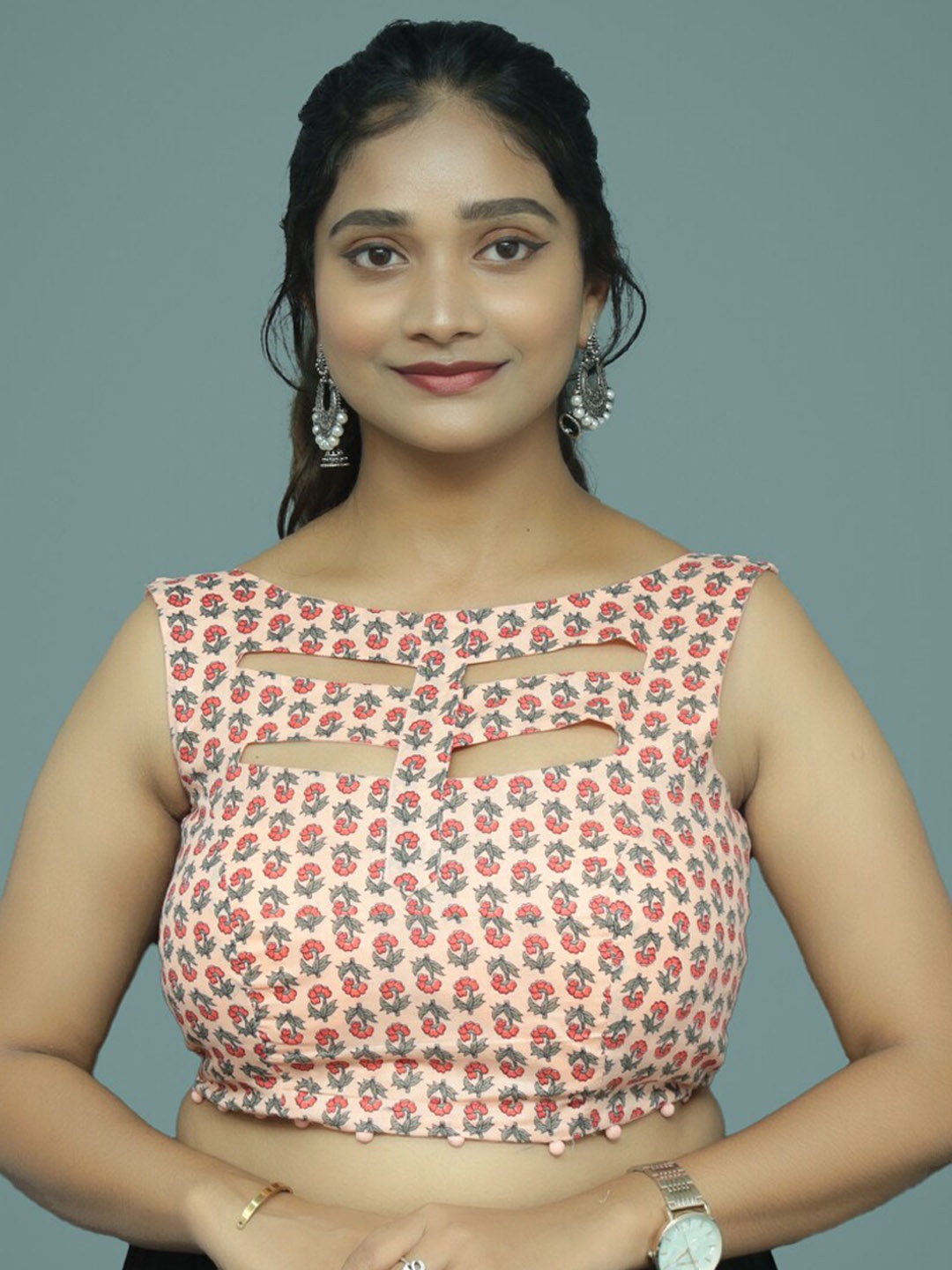 

PUSHKARA Floral Printed Boat Neck Pure Cotton Saree Blouse, Peach