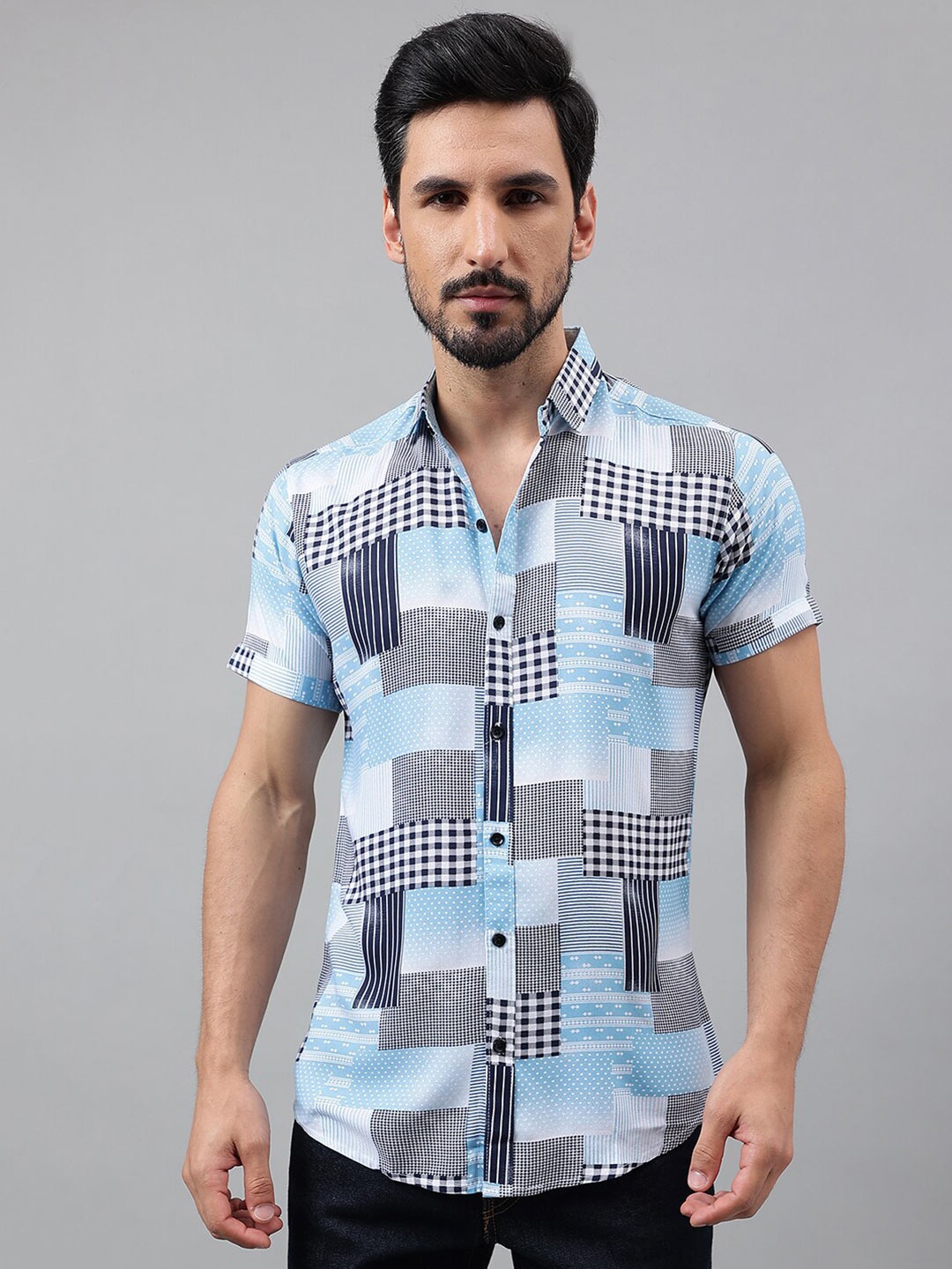

Voroxy Geometric Printed New Spread Collar Casual Shirt, Blue