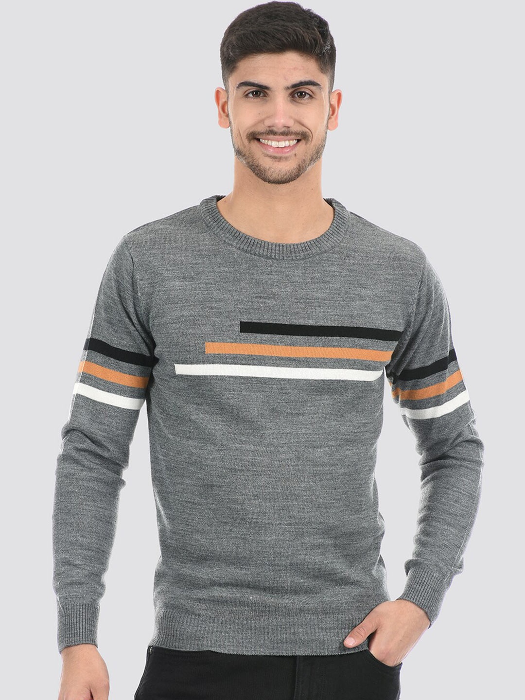 

PORTOBELLO Striped Acrylic Pullover Sweater, Grey